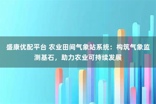 盛康优配平台 农业田间气象站系统：构筑气象监测基石，助力农业可持续发展